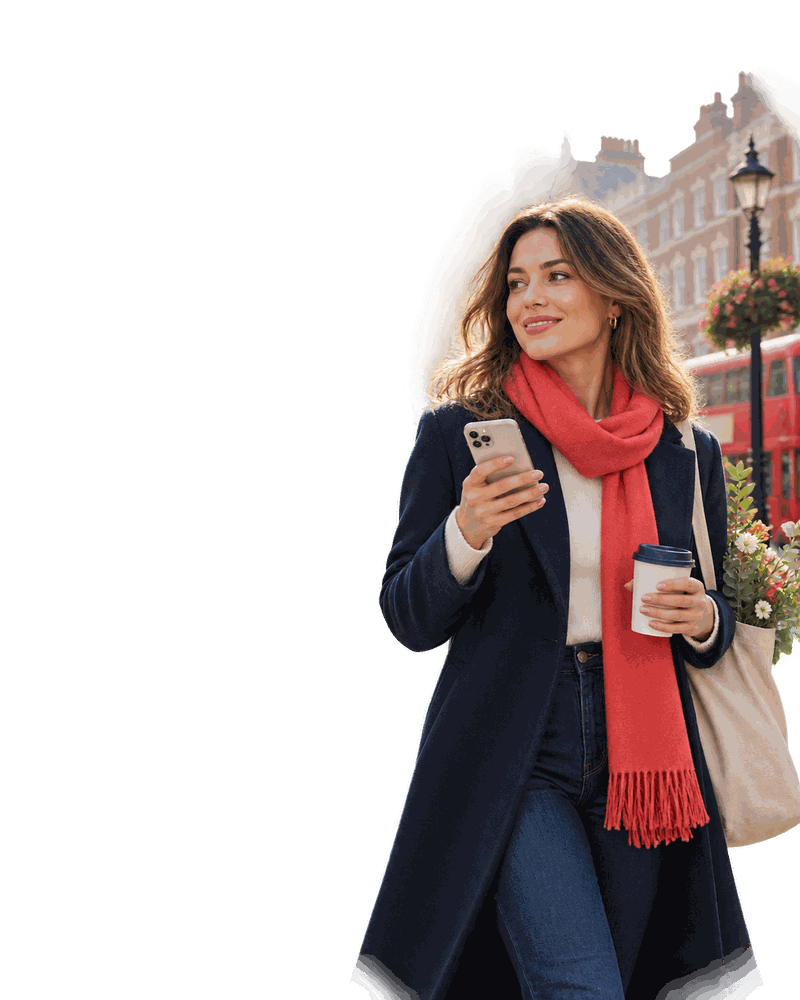 A customer on a London street, coffee in one hand and phone in the other, about to earn cashback