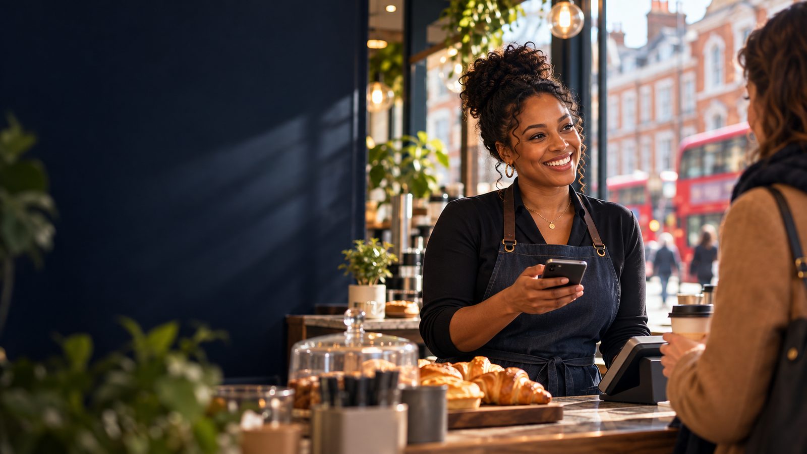 A café owner behind the counter, phone in hand, welcoming a regular customer